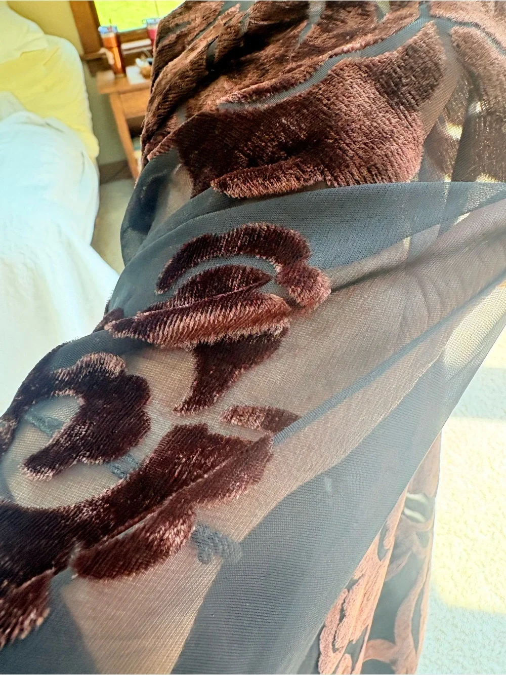 Vintage Brown Floral Velvet Burnout Print Scarf 42”